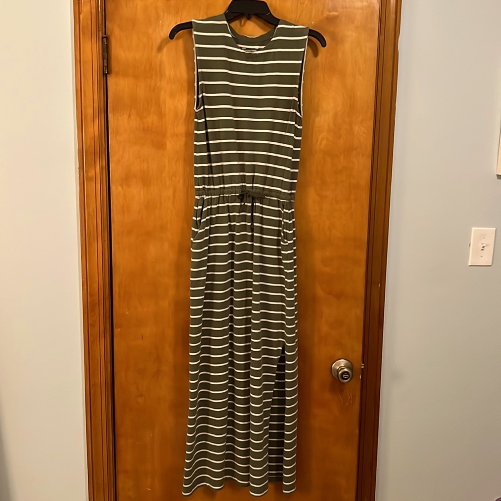 Pact Organic brand green striped cotton maxi dress size small